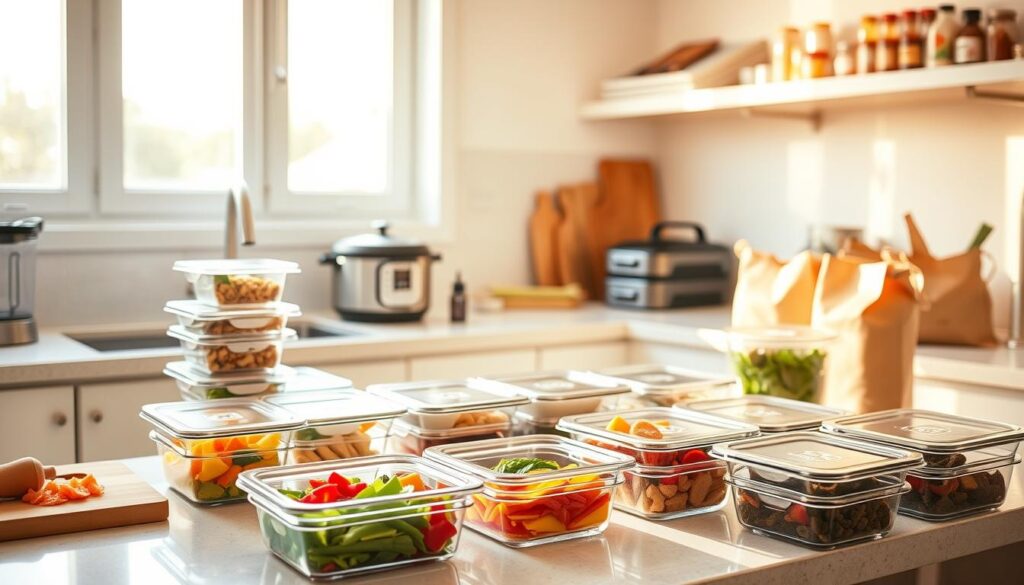 A neatly organized kitchen counter, bathed in warm, natural light from a large window. In the foreground, an array of glass meal prep containers, meticulously labeled and filled with freshly cooked meals - a variety of colorful, nutrient-dense options. Nearby, a cutting board with chopped vegetables, a blender, and a stack of reusable lunch bags. In the middle ground, a sleek, stainless steel appliance, perhaps an Instant Pot or slow cooker, suggesting the efficient preparation of these meals. The background features clean, minimalist shelving with neatly arranged spices, oils, and other cooking essentials. The overall scene conveys a sense of order, productivity, and a commitment to healthy, time-saving meal prep. easy meal prep ideas