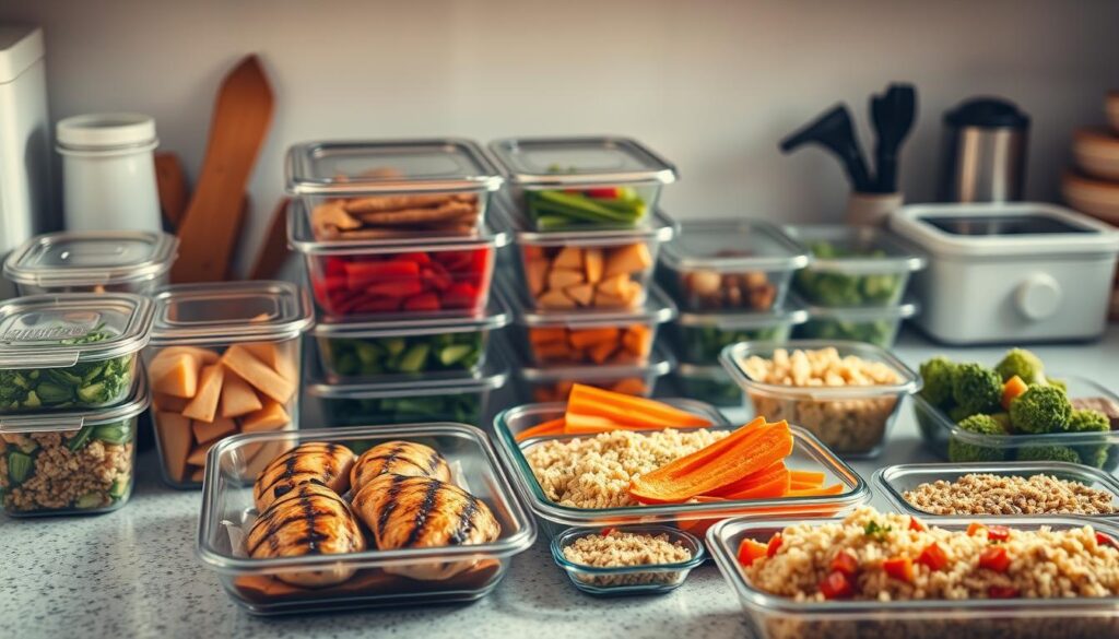 A neatly organized kitchen counter with an assortment of meal prep containers, freshly chopped vegetables, grilled chicken breasts, and a variety of healthy sides like quinoa, roasted sweet potatoes, and steamed broccoli. The lighting is warm and natural, casting a soft glow over the scene. The composition is visually balanced, with the various food items arranged in an inviting and appetizing manner. The overall atmosphere conveys a sense of efficiency, organization, and a commitment to healthy eating. The image should inspire the viewer to consider the benefits of meal prepping for busy weeknights. easy meal prep ideas