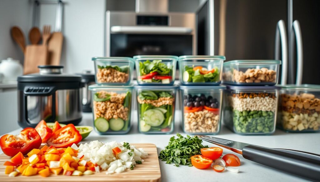 A neatly organized kitchen counter with various meal prep containers, chopped vegetables, and cooking utensils. The lighting is bright and natural, creating a clean and focused atmosphere. In the foreground, a cutting board with freshly diced bell peppers, onions, and herbs. In the middle ground, several glass meal prep containers filled with salads, grains, and protein sources. The background features a sleek stainless steel appliance, adding a modern and functional touch to the scene. The overall composition conveys a sense of efficiency, organization, and a healthy, intentional approach to meal planning. easy meal prep ideas