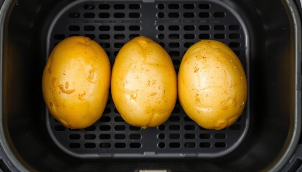 Air fryer basket arrangement with baked potatoes Air fryer basket arrangement with baked potatoes