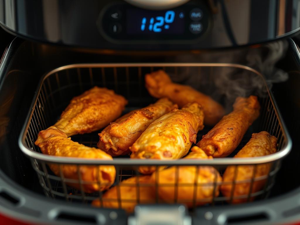 Air fryer cooking chicken wings with timer visible showing 10 minutes remaining Air fryer cooking chicken wings with timer visible showing 10 minutes remaining