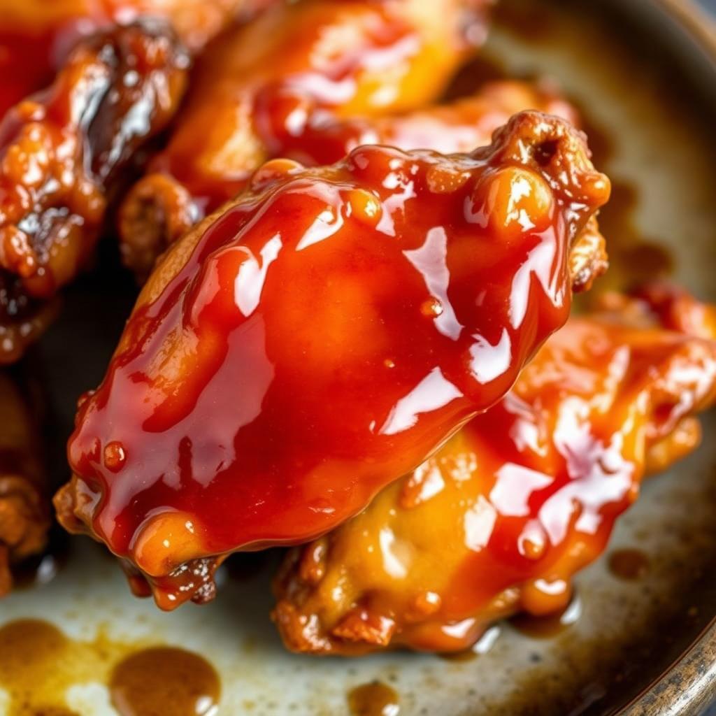 Air fryer honey BBQ chicken wings with glossy sauce coating Air fryer honey BBQ chicken wings with glossy sauce coating