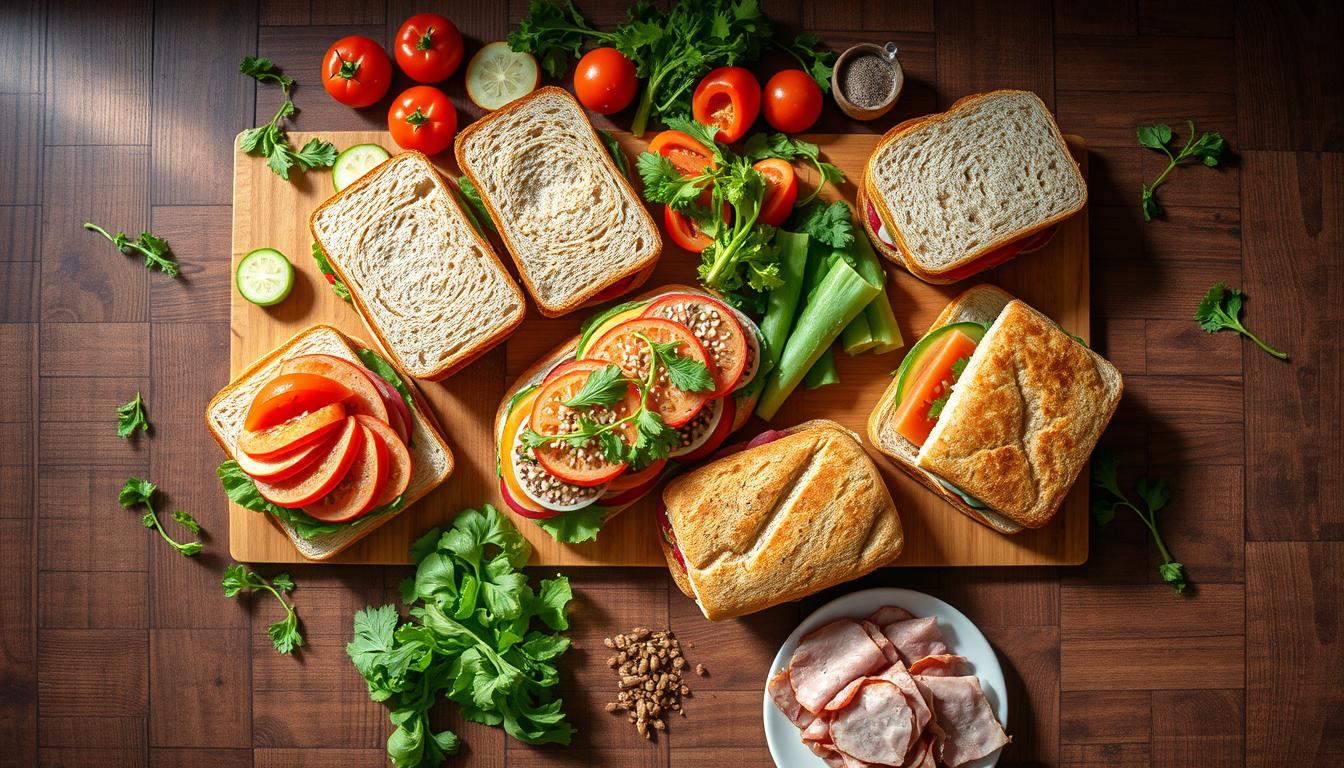 Assortment of homemade lunch sandwich ideas with fresh ingredients
