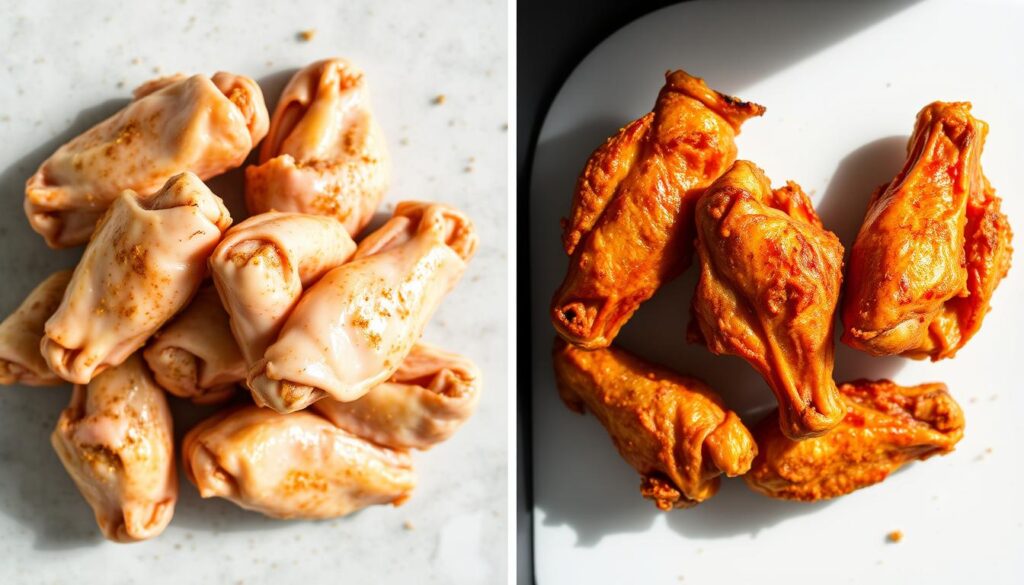Before and after comparison of air fryer chicken wings showing the crispy results Before and after comparison of air fryer chicken wings showing the crispy results