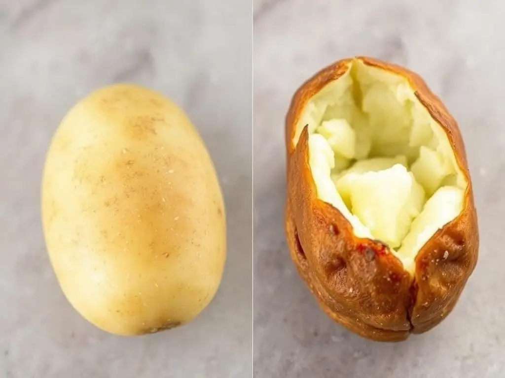 Before and after comparison of baked potato in air fryer