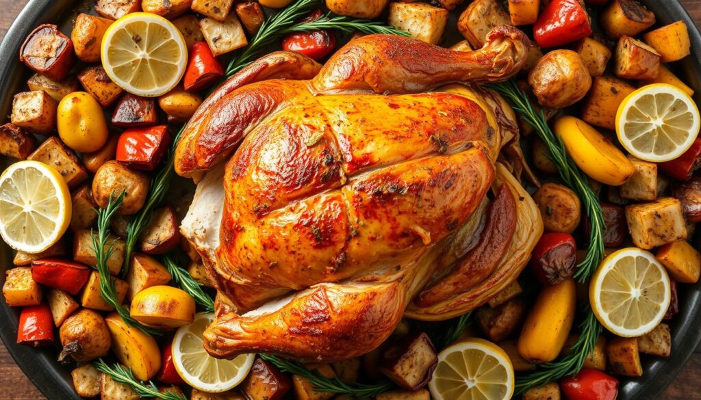 Carved chicken with crispy skin on a serving platter with side dishes Carved chicken with crispy skin on a serving platter with side dishes