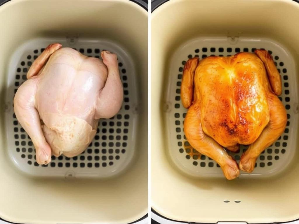 Chicken positioned in air fryer basket with space around it Chicken positioned in air fryer basket with space around it