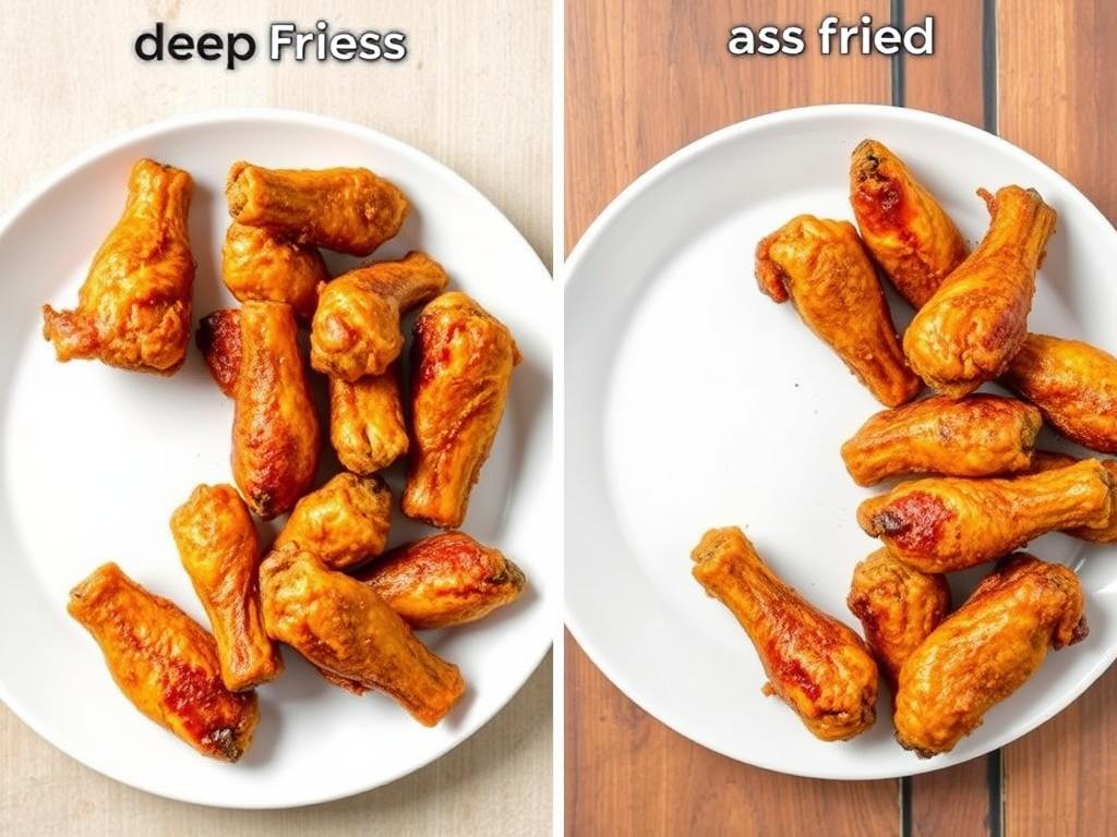 Comparison of air fried vs deep fried chicken wings showing the difference in oil content Comparison of air fried vs deep fried chicken wings showing the difference in oil content