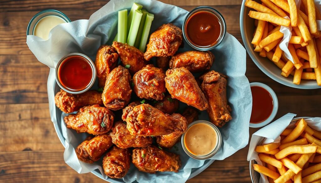 Complete air fryer chicken wings meal with dipping sauces and sides Complete air fryer chicken wings meal with dipping sauces and sides