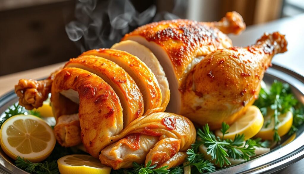 Final golden-brown chicken plated with garnishes Final golden-brown chicken plated with garnishes