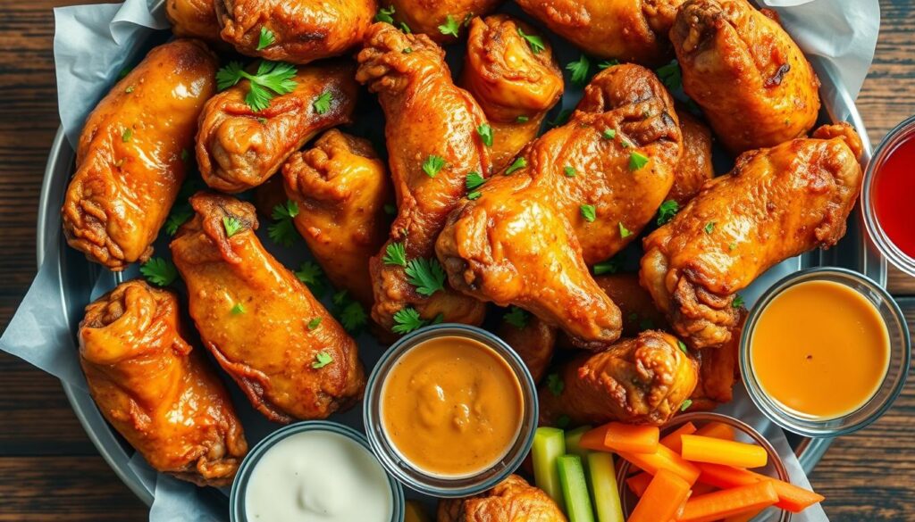 Finished air fryer chicken wings on a serving platter with dipping sauce Finished air fryer chicken wings on a serving platter with dipping sauce