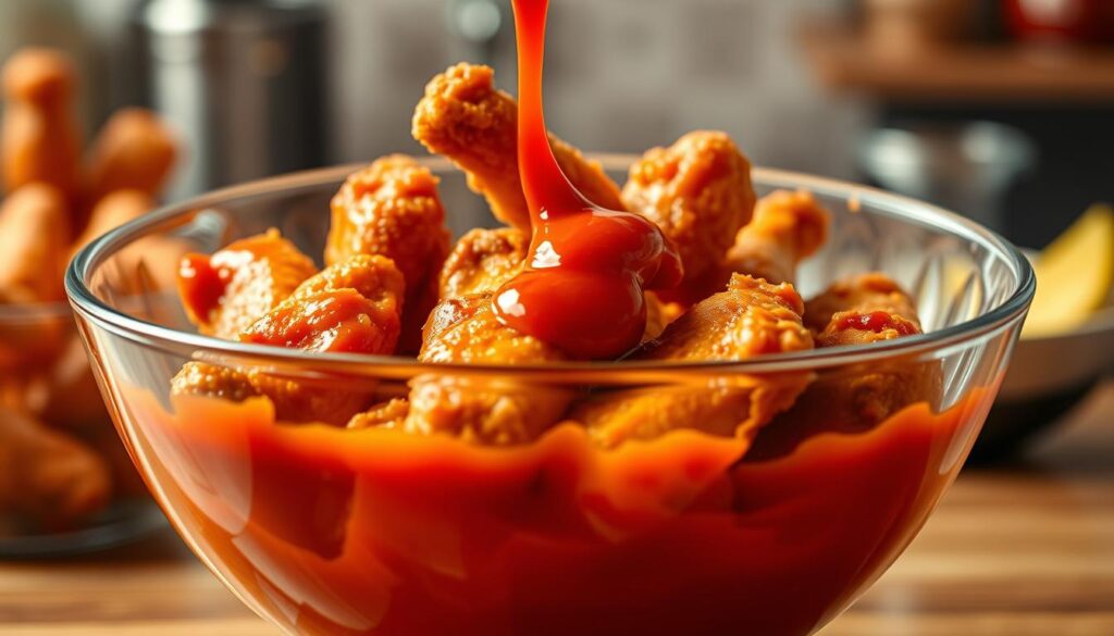 Freshly cooked air fryer chicken wings being tossed in buffalo sauce in a large bowl Freshly cooked air fryer chicken wings being tossed in buffalo sauce in a large bowl