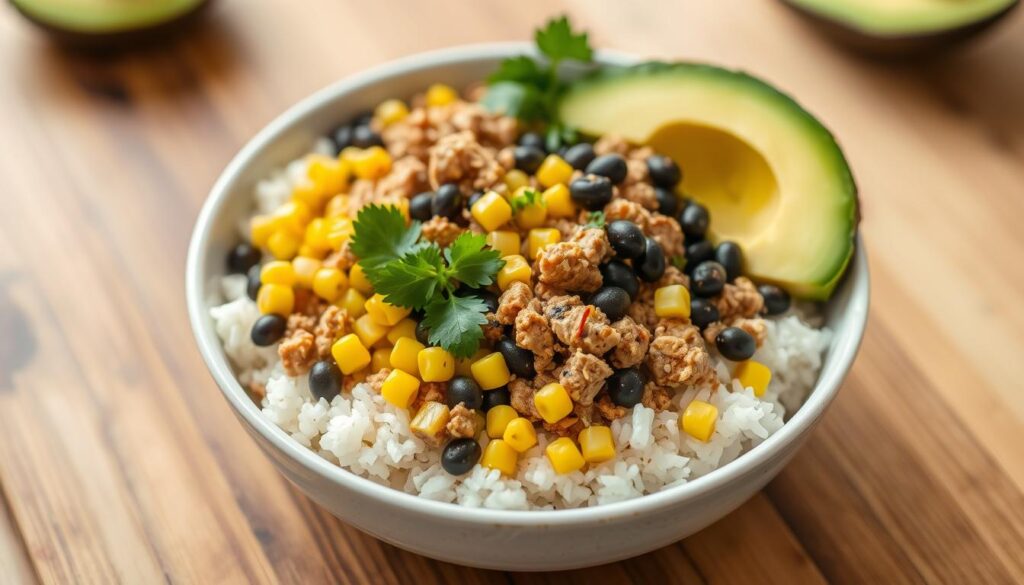 Generate an image of a delicious Turkey Taco Bowl with ground turkey, black beans, corn, and avocado on top of a bed of rice. easy meal prep ideas