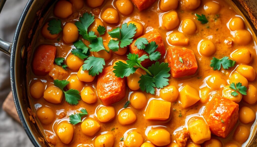 Generate an image of a delicious, one-pot chickpea and sweet potato curry. easy meal prep ideas