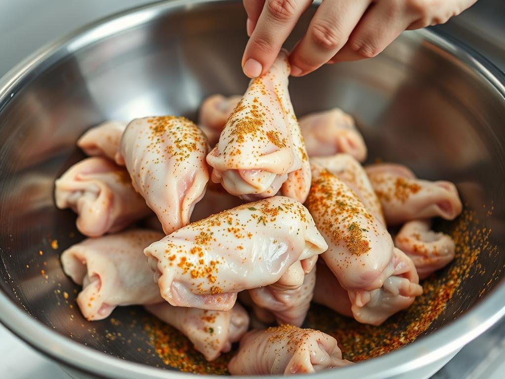 Hands tossing chicken wings in seasoning mixture in a large bowl Hands tossing chicken wings in seasoning mixture in a large bowl