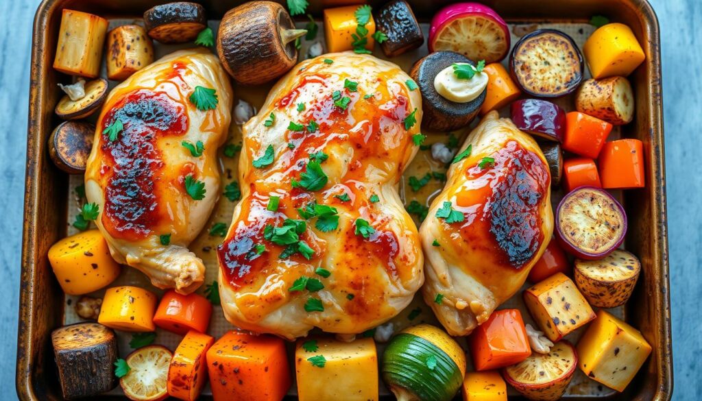 Image of a sheet pan with honey garlic chicken and vegetables easy meal prep ideas