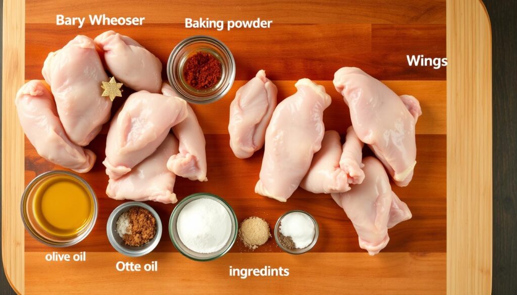 Ingredients for air fryer chicken wings laid out on a kitchen counter Ingredients for air fryer chicken wings laid out on a kitchen counter