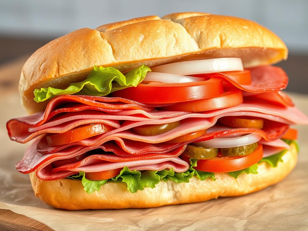 Italian sub sandwich with meats, cheese and vegetables Italian sub sandwich with meats, cheese and vegetables
