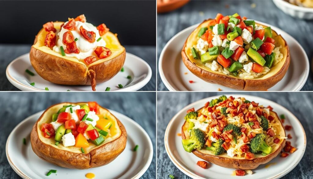 Loaded baked potato in air fryer with various toppings Loaded baked potato in air fryer with various toppings