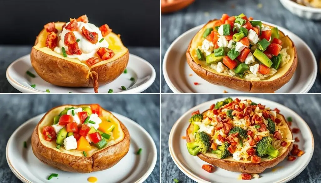 Loaded baked potato in air fryer with various toppings