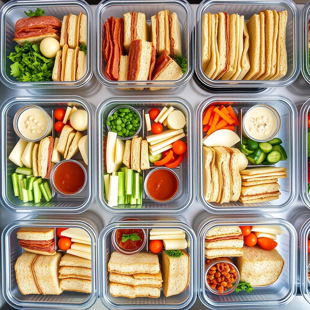 Meal prepped lunch sandwich ingredients in containers Meal prepped lunch sandwich ingredients in containers