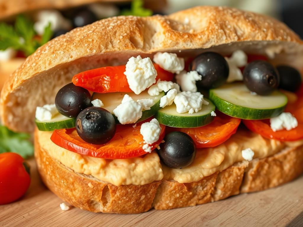 Mediterranean veggie sandwich with hummus and vegetables Mediterranean veggie sandwich with hummus and vegetables