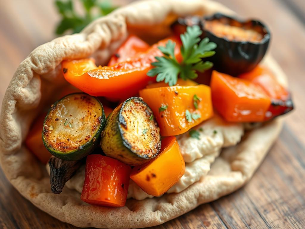 Pita pocket filled with hummus and roasted vegetables Pita pocket filled with hummus and roasted vegetables