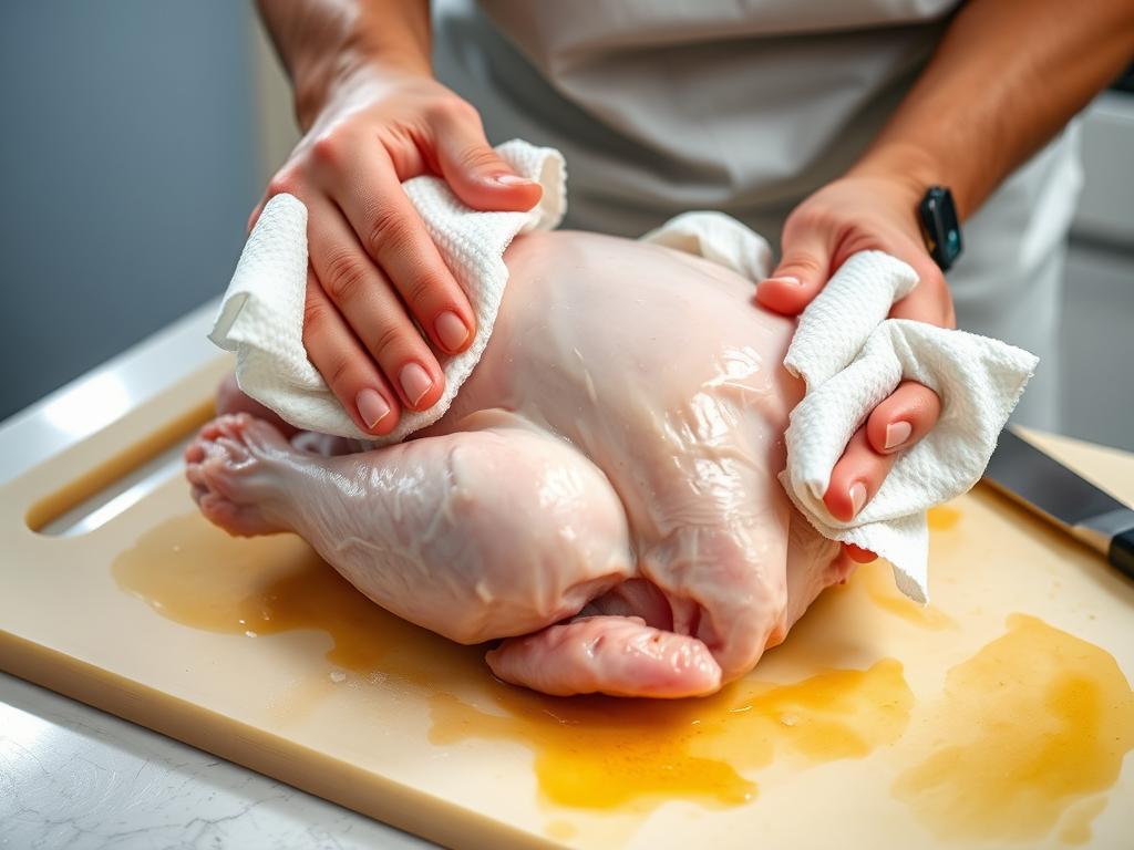 Raw chicken being patted dry with paper towels before air frying Raw chicken being patted dry with paper towels before air frying