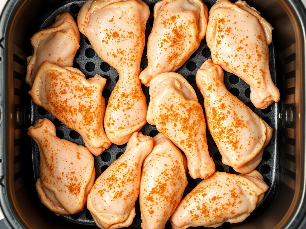 Raw seasoned chicken wings arranged in a single layer in an air fryer basket Raw seasoned chicken wings arranged in a single layer in an air fryer basket