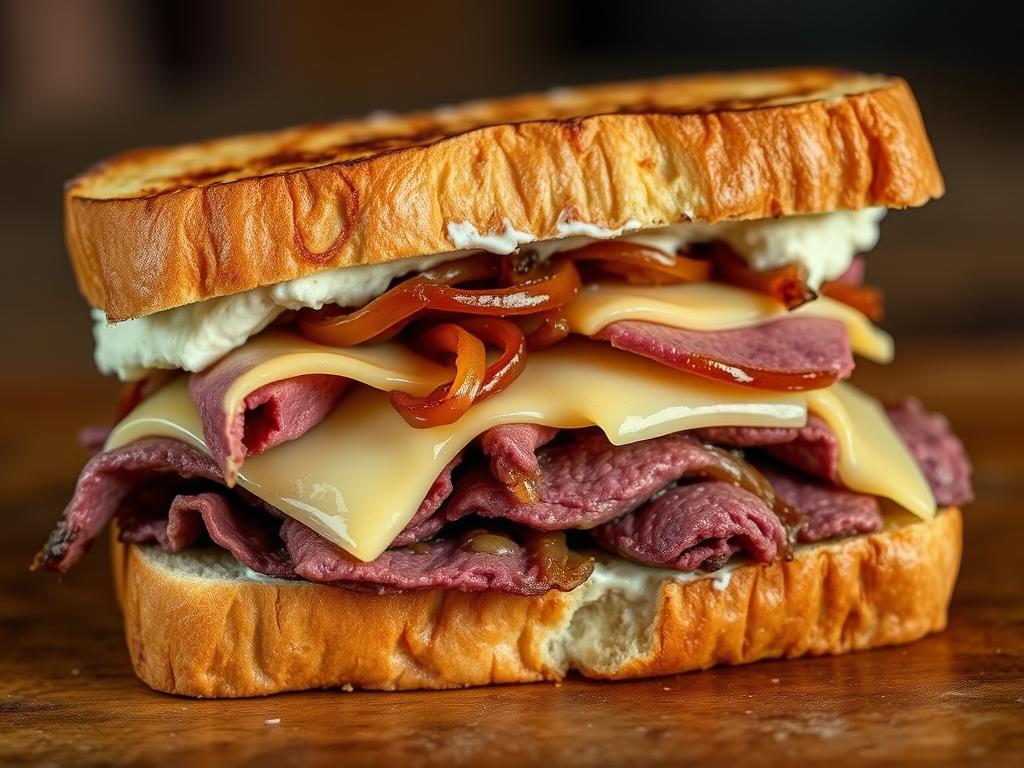Roast beef sandwich with melted cheddar and horseradish spread Roast beef sandwich with melted cheddar and horseradish spread