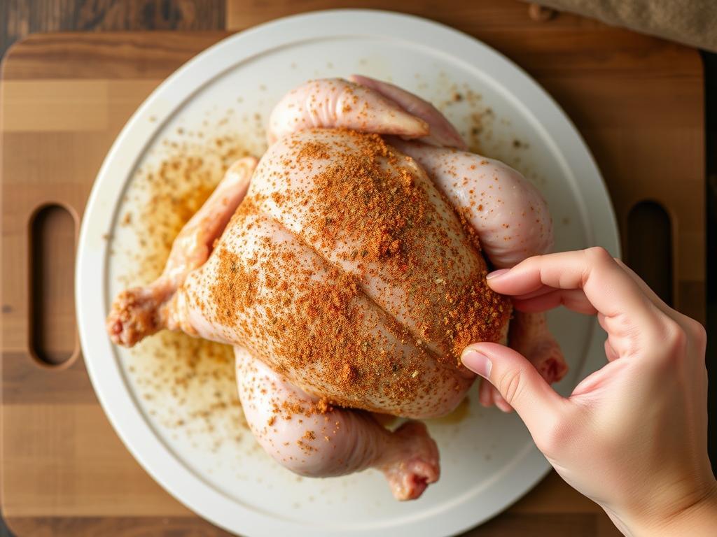 Seasoning being applied to a whole chicken before air frying Seasoning being applied to a whole chicken before air frying