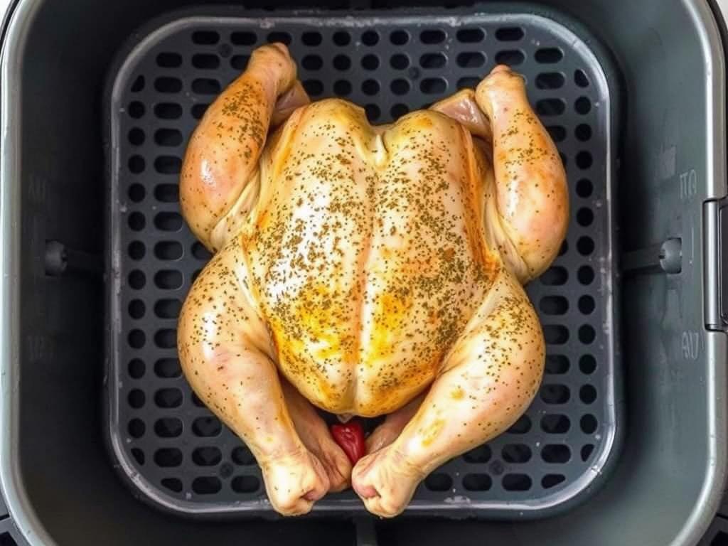 Whole chicken positioned in air fryer basket breast-side down Whole chicken positioned in air fryer basket breast-side down