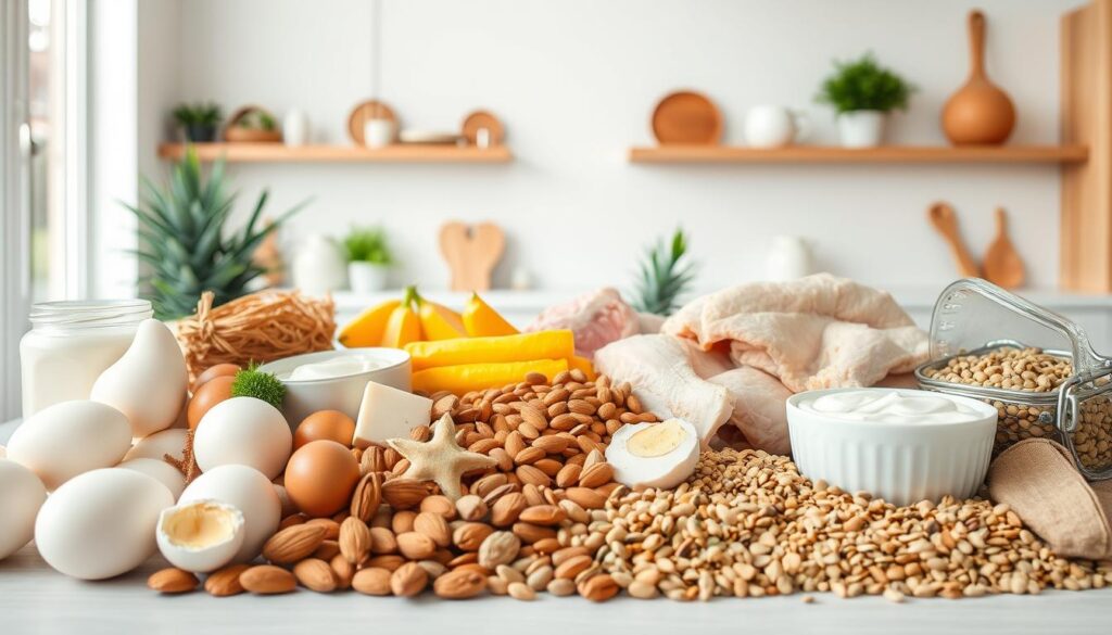 A bountiful array of protein-rich ingredients set against a bright, airy kitchen backdrop. In the foreground, an assortment of eggs, Greek yogurt, tofu, and lean meats like chicken and turkey, arranged in a visually appealing manner. In the middle ground, an array of nuts, seeds, and legumes such as almonds, chia, and lentils, symbolizing the variety of plant-based protein sources. The background features a clean, minimalist kitchen setting with natural light flooding in, creating a warm, inviting atmosphere. The overall composition conveys a sense of abundance, health, and culinary inspiration, perfectly capturing the "Protein Breakfast Goals" theme.