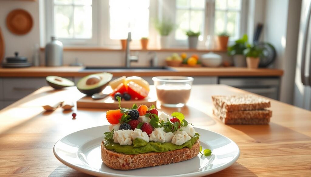 A bright, airy kitchen interior with a wooden countertop and large windows. On the counter, an assortment of colorful plant-based breakfast items: sliced avocado, crumbled tofu, fresh berries, chia pudding, and a small stack of whole grain toast. Natural light streams in, casting a warm glow on the scene. In the foreground, a plate with a half-made avocado and tofu smash sandwich, garnished with micro greens. The overall mood is fresh, healthy, and inviting, capturing the essence of a quick, nutritious plant-based breakfast.