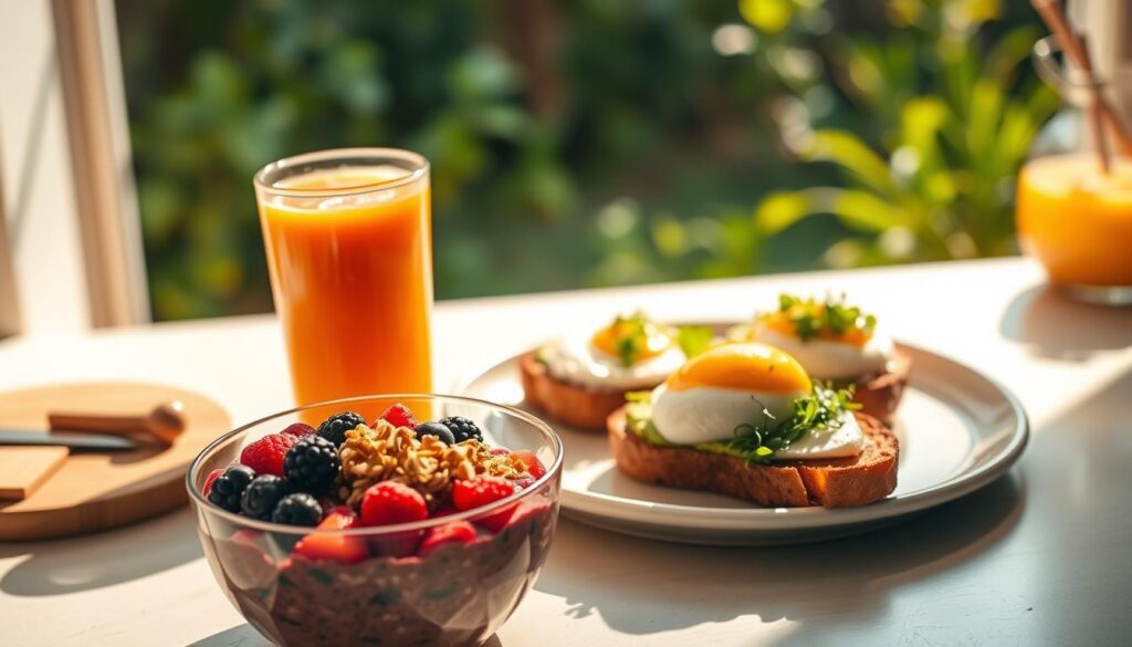 A cozy, sunlit kitchen counter showcases a delightful array of breakfast items. In the foreground, a vibrant acai bowl overflows with fresh berries, crunchy granola, and a drizzle of honey. Beside it, a tall glass of freshly squeezed orange juice reflects the warm, golden light. In the middle ground, a platter of crisp, golden-brown avocado toast adorned with a perfectly poached egg and a sprinkle of microgreens. The background features a blurred view of a lush, verdant garden, hinting at the freshness and wholesomeness of the meal. The overall scene radiates a sense of simplicity, nourishment, and the inviting allure of a satisfying, easy breakfast.