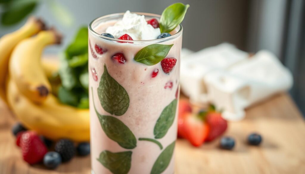 A creamy, protein-rich smoothie swirling with vibrant, fresh fruit and leafy greens. A tall glass filled to the brim with a luscious blend of bananas, berries, spinach, Greek yogurt, and a scoop of vanilla protein powder. Soft, natural lighting illuminates the drink, creating a refreshing, healthy glow. The smooth, velvety texture of the smoothie is accentuated by the glass's sleek, minimalist design, placed on a clean, wooden surface. This nutritious, grab-and-go sip embodies the perfect balance of flavor and functionality, inviting the viewer to savor a burst of energizing goodness.