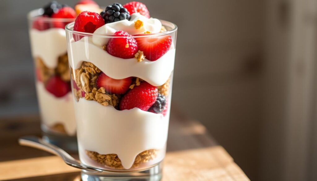 A delightful Greek yogurt parfait in a tall glass, layered with creamy Greek yogurt, crunchy granola, and vibrant mixed berries. The yogurt is smooth and tangy, the granola offers a delightful texture, and the berries provide pops of sweetness. Soft, natural lighting bathes the parfait, casting a warm glow and highlighting the appetizing layers. The glass is positioned on a rustic, wooden surface, with a simple spoon resting beside it, inviting the viewer to indulge in this energizing, protein-packed breakfast treat.