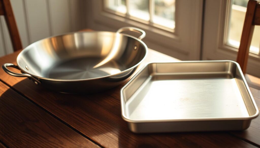 A large, gleaming stainless steel skillet sits prominently on a rustic wooden table, bathed in warm, natural lighting. The skillet's surface reflects the soft glow, hinting at its even heat distribution. Beside it, an oven-safe baking pan in a complementary brushed metal finish rests, its clean lines and smooth edges suggesting its versatility. The arrangement conveys a sense of culinary preparedness, inviting the viewer to imagine the delectable breakfast dishes that could be crafted with these essential tools.