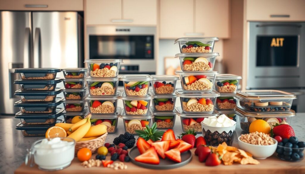 A neatly organized kitchen counter displays an array of meal prep containers, each filled with a delicious breakfast bowl. The containers are stacked with care, their lids secure, ready to be refrigerated or reheated. In the foreground, a variety of fresh fruits, grains, and yogurt await assembly, while the background features sleek, modern appliances and a minimalist decor, bathed in warm, natural lighting. The scene conveys a sense of efficiency, health-consciousness, and a commitment to starting the day off right.