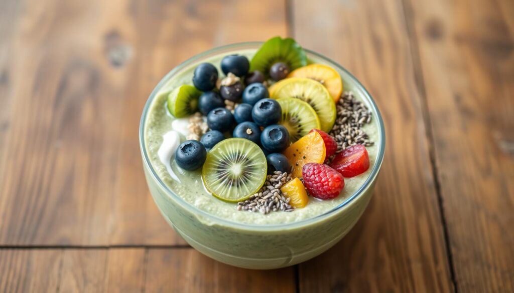 A smoothie bowl overflowing with vibrant, nutrient-dense ingredients. In the foreground, a thick, creamy blend of fresh avocado, silky tofu, and a splash of almond milk, topped with a colorful array of sliced kiwi, blueberries, and a sprinkle of chia seeds. The middle ground features a wooden table with a rustic, textured surface, creating a warm, earthy backdrop. Soft, diffused lighting casts a gentle glow, highlighting the bowl's inviting colors and natural textures. The overall scene exudes a sense of health, vitality, and simplicity, perfectly capturing the essence of a nourishing five-minute smoothie bowl.