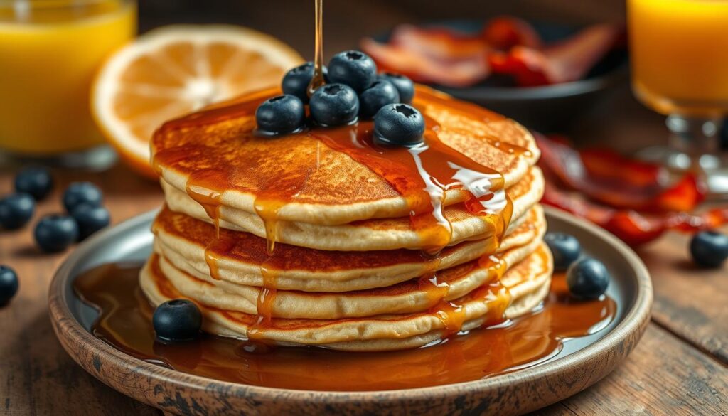 A stack of fluffy, golden-brown protein pancakes, drizzled with a rich maple syrup glaze and sprinkled with fresh blueberries. The pancakes are arranged on a rustic wooden table, with a side of crisp, sizzling bacon and a glass of freshly squeezed orange juice. The lighting is warm and inviting, casting a soft glow on the scene. The camera angle is slightly elevated, capturing the full depth and texture of the ingredients. The overall mood is one of a comforting, satisfying and nourishing breakfast, perfectly suited for fueling an active day.