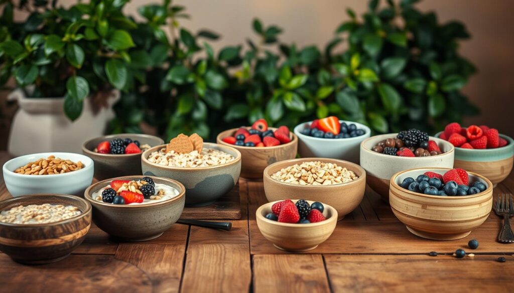 A visually stunning arrangement of various breakfast bowls, captured in a soft, natural lighting. In the foreground, a rustic wooden table holds an assortment of bowls filled with oatmeal, yogurt, and fresh berries, garnished with a sprinkling of nuts and seeds. In the middle ground, a backdrop of lush, green foliage adds a serene, earthy element, while the background features a warm, diffused light, creating a cozy, inviting atmosphere. The bowls are crafted from a mix of materials, including ceramic, stoneware, and bamboo, each showcasing the unique textures and colors of the ingredients within. The overall composition conveys a sense of nourishment, simplicity, and a celebration of the first meal of the day.
