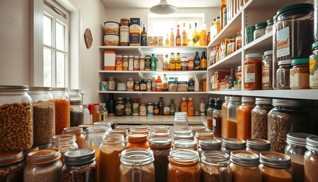 A well-organized, brightly lit pantry filled with a variety of essential ingredients. In the foreground, rows of glass jars and canisters containing staple foods like beans, grains, and spices. In the middle ground, shelves stocked with canned goods, oils, and sauces. In the background, a window lets in natural light, casting a warm glow over the scene. The overall mood is one of order, abundance, and culinary potential, perfectly suited to illustrate a section on pantry staples for fast breakfasts.
