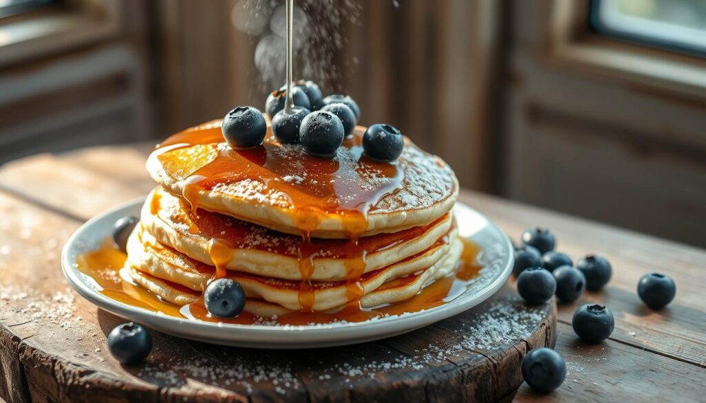 Steaming golden pancakes, drizzled with maple syrup, nestled on a rustic wooden surface. Plump blueberries and a dusting of powdered sugar adorn the fluffy stacks, casting a warm, inviting glow. Soft natural lighting filters through a window, highlighting the pancakes' enticing textures and colors. The scene evokes a serene, homey atmosphere, perfect for a cozy, satisfying vegan breakfast.
