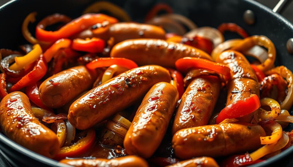 A beautifully lit close-up photograph of a sizzling pan filled with golden-brown Italian sausages, vibrant red and yellow bell peppers, and thin slices of onion. The vegetables are slightly charred at the edges, giving them a smoky, caramelized appearance. The sausages are plump and juicy, glistening with a light sheen of oil. The overall scene evokes a warm, rustic, and inviting atmosphere, as if captured in a cozy kitchen. The image is shot from a low angle, emphasizing the depth and textures of the ingredients. Soft, directional lighting casts dramatic shadows, adding depth and dimensionality to the composition. A beautifully lit close-up photograph of a sizzling pan filled with golden-brown Italian sausages, vibrant red and yellow bell peppers, and thin slices of onion. The vegetables are slightly charred at the edges, giving them a smoky, caramelized appearance. The sausages are plump and juicy, glistening with a light sheen of oil. The overall scene evokes a warm, rustic, and inviting atmosphere, as if captured in a cozy kitchen. The image is shot from a low angle, emphasizing the depth and textures of the ingredients. Soft, directional lighting casts dramatic shadows, adding depth and dimensionality to the composition.