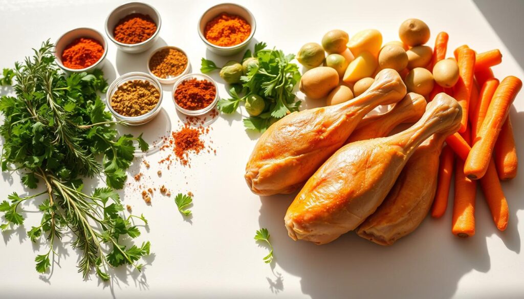 A bountiful arrangement of culinary essentials, meticulously laid out on a pristine white tabletop. In the foreground, an array of fresh herbs, including vibrant sprigs of rosemary, thyme, and parsley, casting soft shadows on the surface. In the middle ground, a variety of spices in small bowls - robust paprika, fragrant garlic powder, and a sprinkle of cayenne for a touch of heat. Toward the back, the star ingredients shine: juicy chicken drumsticks, golden-brown and beckoning, nestled alongside a selection of crisp, freshly washed vegetables - baby potatoes, carrot batons, and bite-sized Brussels sprouts. Warm, natural lighting floods the scene, casting a inviting glow and highlighting the textures and colors of this culinary bounty, ready to be transformed into a mouthwatering, crunchy chicken drumstick dinner. Chicken Drumstick Dinner