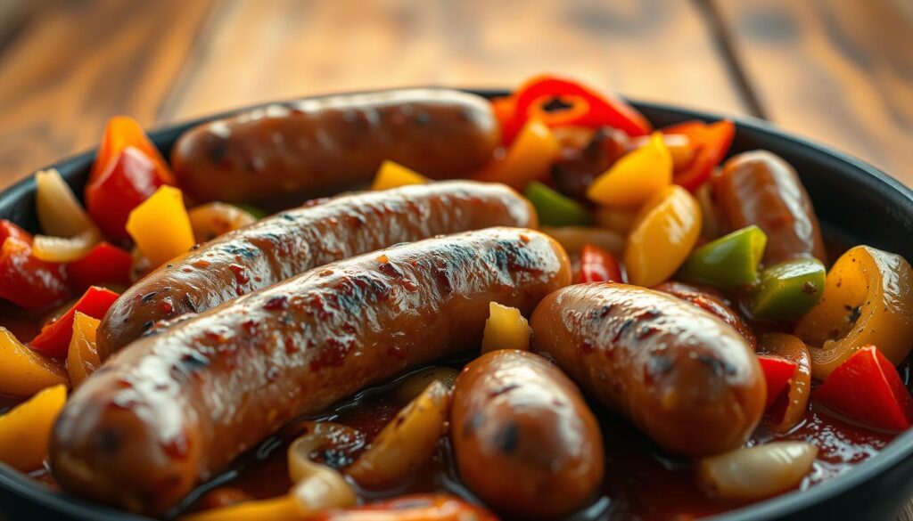 A close-up shot of a savory one-pan sausage and peppers dinner. In the foreground, plump, juicy Italian sausages sizzle alongside vibrant red, yellow, and green bell peppers, onions, and garlic. The sausages are lightly charred, releasing an enticing aroma. The middle ground features a rich, tomato-based sauce that gently coats the ingredients. In the background, a hardwood table with a rustic, weathered surface provides a natural, earthy backdrop. The lighting is warm and inviting, casting a golden glow over the entire scene. The overall mood is comforting, homestyle, and mouthwatering. Sausage and Peppers Dinner