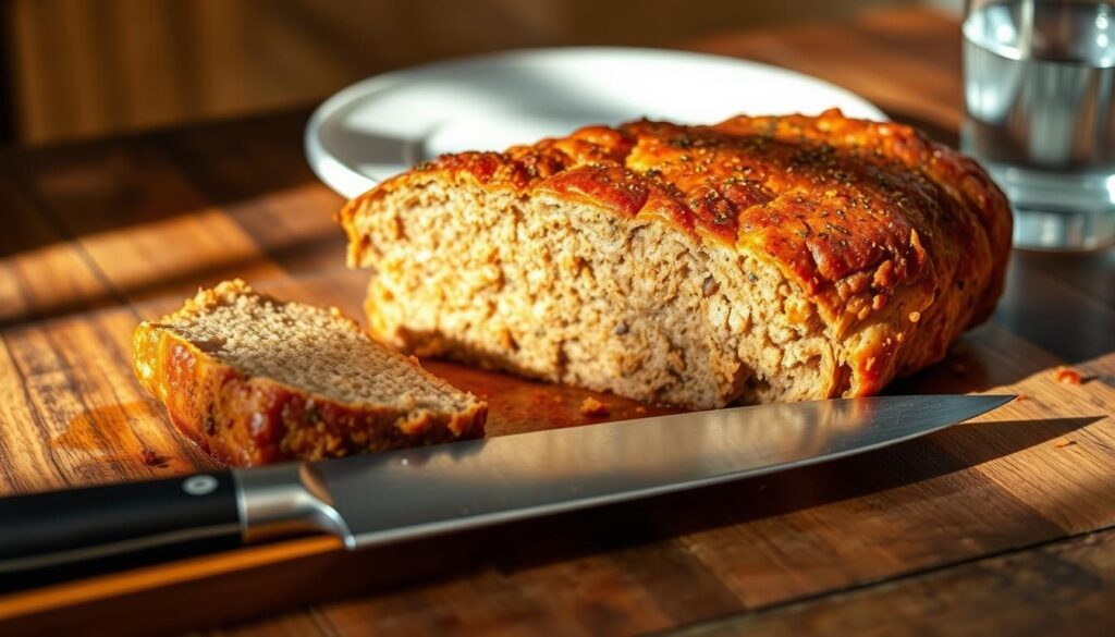 A delectable meatloaf, fresh from the oven, sits atop a rustic wooden table. Its golden-brown exterior, flecked with herbs and spices, beckons to be sliced. In the foreground, a sharp chef's knife rests, ready to divide the tender, moisture-rich interior. Soft shadows cast by warm overhead lighting create a cozy, homemade ambiance. In the background, a simple white plate and a glass of water provide a clean, minimalist backdrop, allowing the star of the show - the make-ahead meatloaf - to take center stage. This hearty, budget-friendly meal is the perfect embodiment of "Make-Ahead, Freeze, and Reheat: Budget-Friendly Meal Prep". Meatloaf Dinner