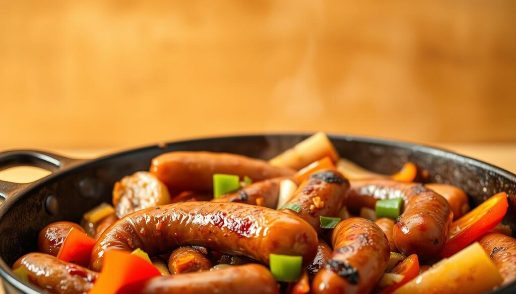 A delectable one-pan sausage and peppers dish, set against a warm, rustic backdrop. In the foreground, juicy Italian sausages sizzle alongside vibrant bell peppers, onions, and garlic, creating a mouthwatering aroma. The middle ground features a well-worn cast iron pan, its surface glistening with olive oil. Overhead lighting casts a soft, golden glow, highlighting the rich colors and textures of the ingredients. In the background, a simple, neutral-toned kitchen counter provides a clean, minimalist canvas for the scene. The overall composition conveys the ease and simplicity of this hearty, comforting one-pan meal. Sausage and Peppers Dinner