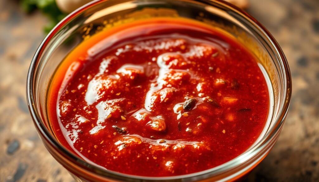 A glass bowl filled with a glossy, thick sauce in various shades of red and brown, glistening under warm, directional studio lighting. The sauce has visible speckles of herbs and spices, hinting at complex flavors. The bowl is placed on a rustic, wooden surface, with a hint of blurred ingredients or kitchen tools in the background, creating a sense of context. The overall mood is one of culinary sophistication and attention to detail, suggesting a sauce that can elevate a simple dish. Chicken Drumstick Dinner